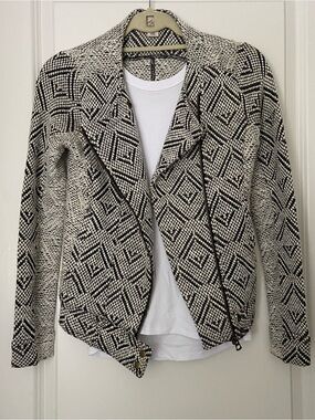 Lucky Brand Black & White Geometric Knit Zip Moto Jacket
